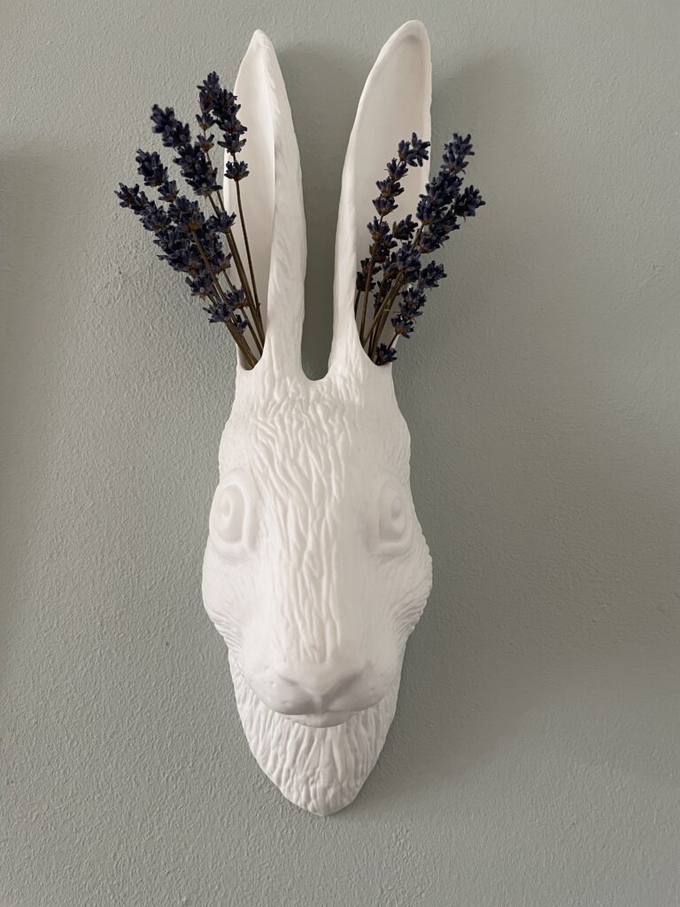 Ein Hasenkopf aus porzelan hängt an der Wand, er ist eine Wandvase, in seinen Ohren steckt Lavendel.