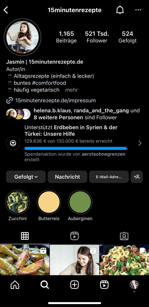 Screenshot des Instagramaccounts von 15minutenrezepte.