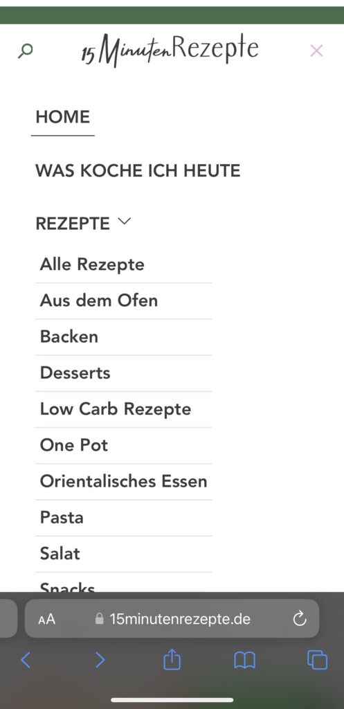 Screenshot der mobilen Internetseite 15minutenrezepte. Die rubrik, "Was koche ich Heute" ist zu sehen.